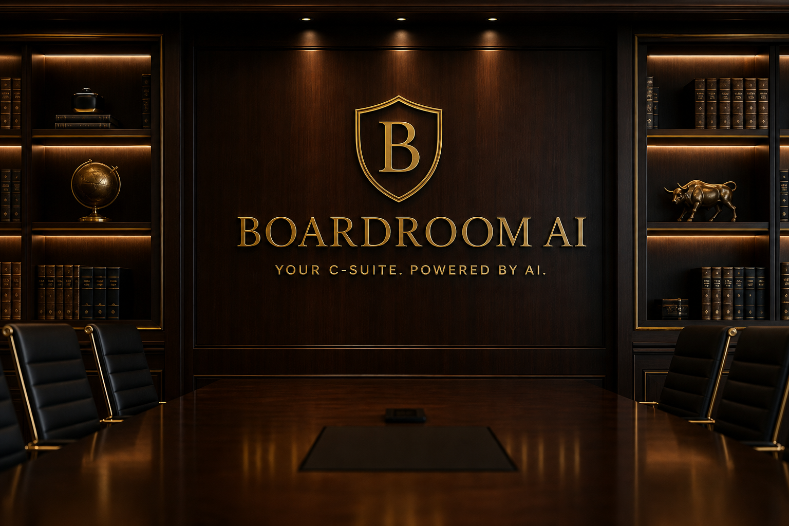 The Boardroom AI — a luxury boardroom with gold wordmark